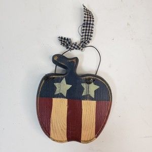 Vintage Y2K Wooden Patriotic Christmas Ornament Apple Flag USA Folk Art Style